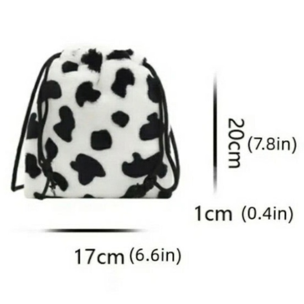 Cow Print Fluffy Drawstring Pouch - Picture 2 of 3
